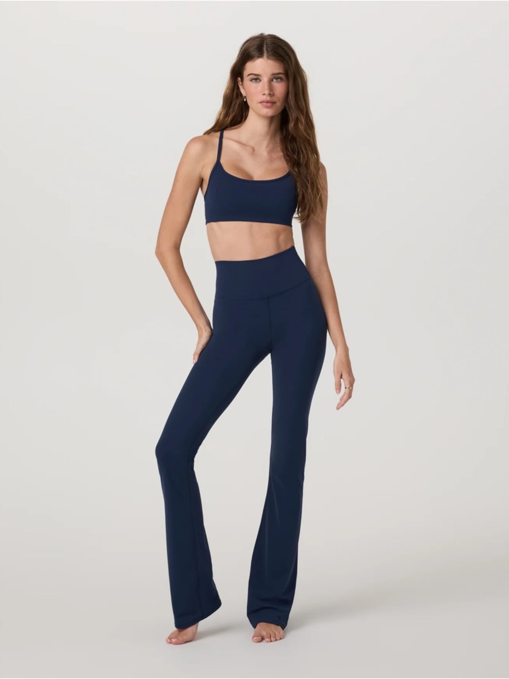 Vuori Navy High-Rise Flare Leggings and top